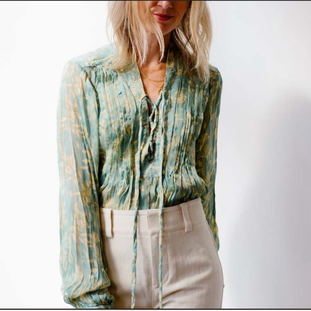 Rag & Bone Sachi Sheer Green Floral Lace Up Top  Blouse New Without Tags